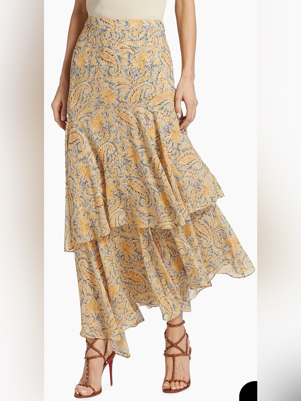 Veronica Beard Kaneli Floral Printed Tiered Yellow Blue Silk Midi Skirt EUC 16